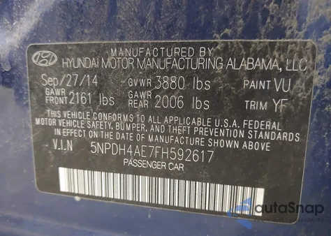 2015 Hyundai Elantra Se z USA, uszkodzony, nr VIN 5NPDH4AE7FH592617